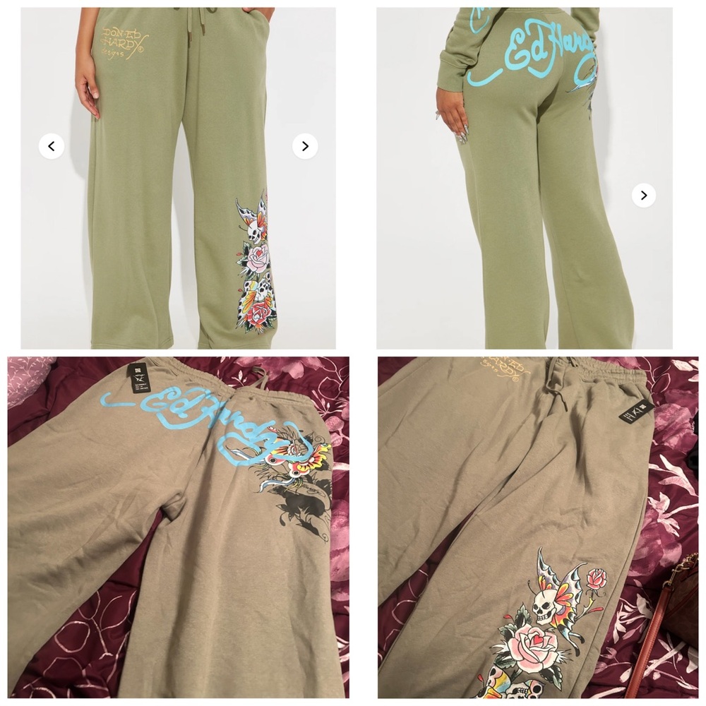 Ed Hardy Olive Green Track Pants with Floral Design